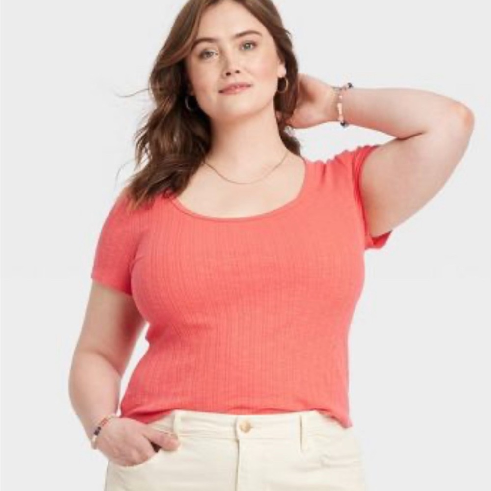 Women's Ribbed Scoop Short Sleeve T-Shirt - Universal Thread-XXL NEW! Coral/Red